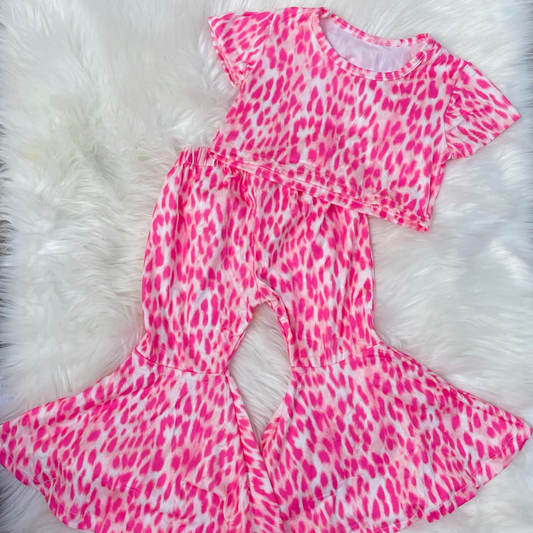 preorder GSPO1144 Hot pink leopard short sleeve pants girls set