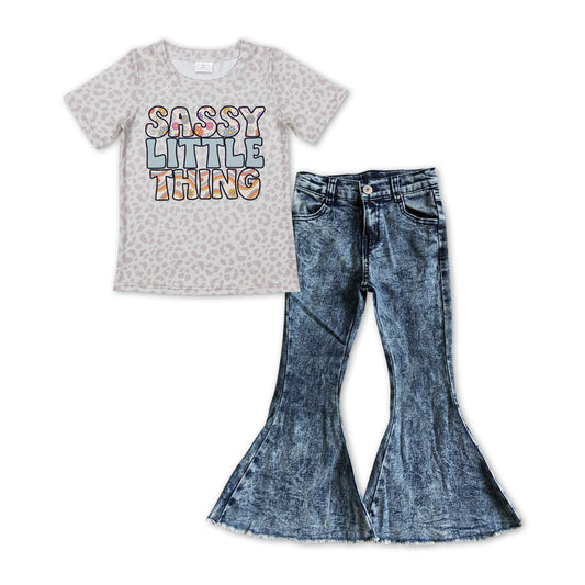 GSPO1150 Sassy little thing leopard short sleeve blue denim pants girls set