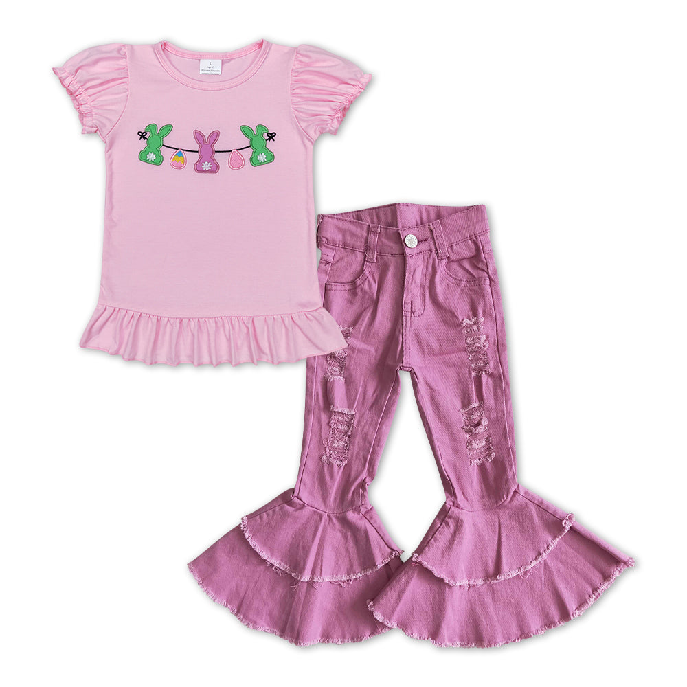 GSPO1158 Easter Rabbit Pink Short Sleeve Hot Pink Denim Pants Girls Set