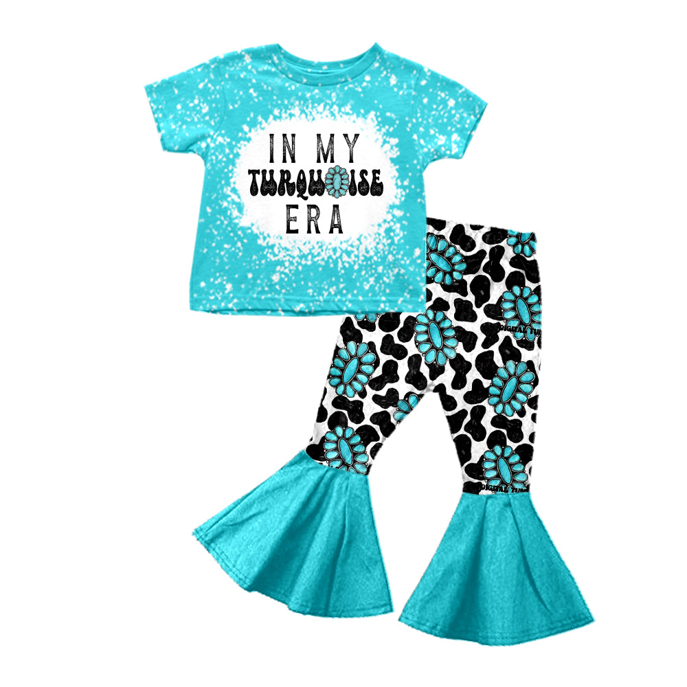 preorder GSPO1159 In My Turquoise Era Blue Short Sleeve Cow Print Pants Girls Set
