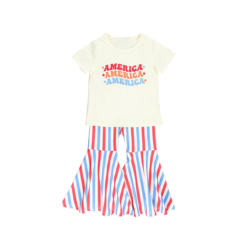 preorder GSPO1162 July 4th America Short Sleeve Red Blue Striped Pants Girls Set