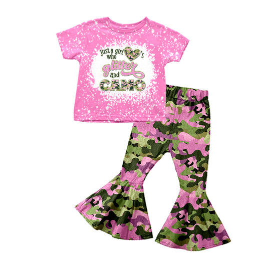 preorder GSPO1165 Just A Girl's Glitter And Camo Hot Pink Short Sleeve Colorful Camo Pants Girls Set