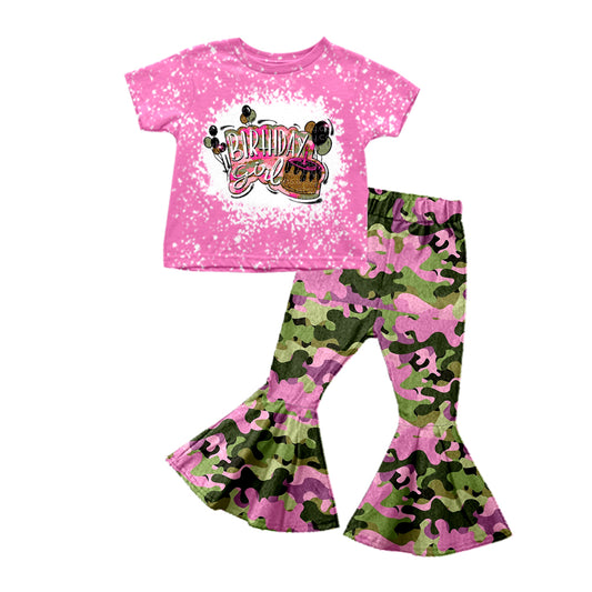 preorder GSPO1166 Birthday Girl Cake Hot Pink Short Sleeve Colorful Camo Pants Girls Set