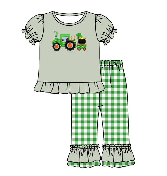 preorder GSPO1168 Saint Patrick Tractor Hat Grey Short Sleeve Green Checkered Pants Girls Set