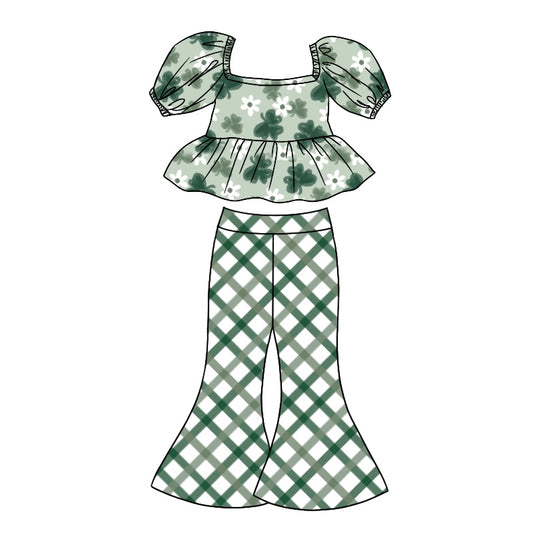 preorder GSPO1169 Saint Patrick Clover Flowers Short Sleeve Green Striped Checkered Pants Girls Set