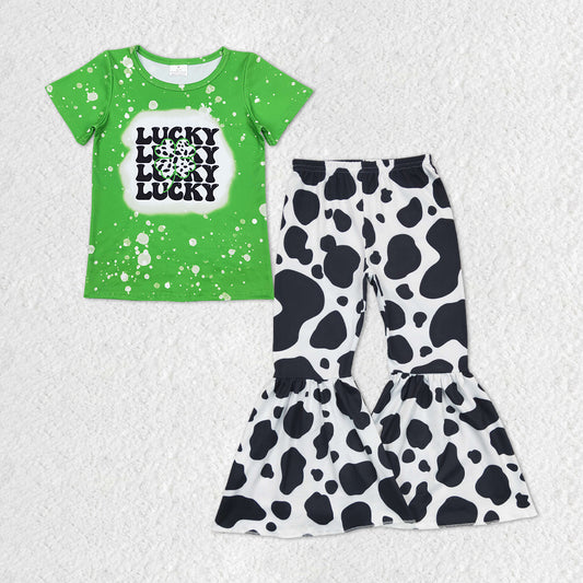 GSPO1172 Saint Patrick Lucky Green Short Sleeve Cow Print Pants Girls Set