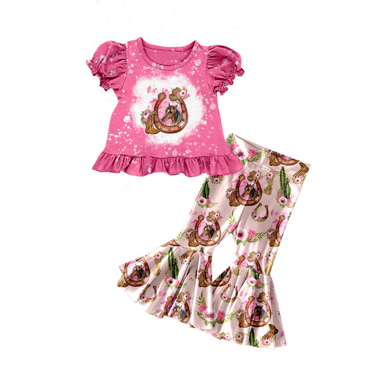 preorder GSPO1175 Western Horse Shoe Boot Hot Pink Cactus Pink Pants Girls Set