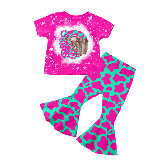 preorder GSPO1176 Western Girl Cow Hot Pink Short Sleeve Cow Print Pants Girls Set