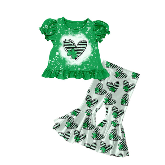preorder GSPO1179 Saint Patrick Heart Clover Green Short Sleeve Pants Girls Set