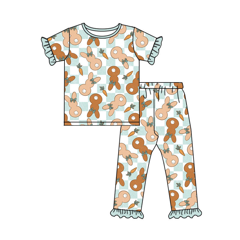 preorder GSPO1182 Easter Rabbit Carrot Blue Checkered Short Sleeve Pants Girls Pajamas