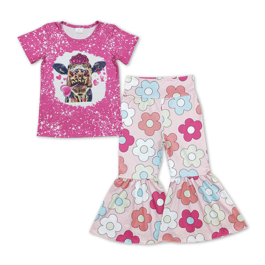 GSPO1184 Valentine's Day Cow Heart Hot Pink Short Sleeve Colorful Flowers Pants Girls Set