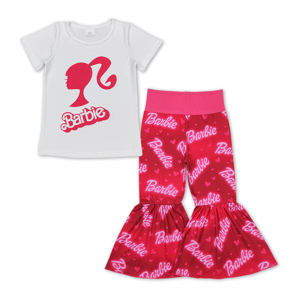 GSPO1186 BA Cartoon White Short Sleeve Hot Pink Pants Girls Set
