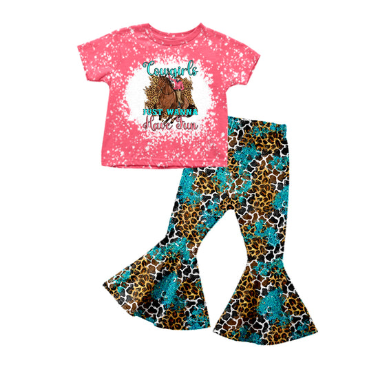 preorder GSPO1191 Western Horse Rodeo Pink Short Sleeve Leopard Pants Girls Set