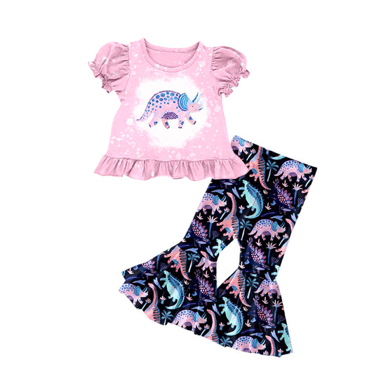preorder GSPO1201 Cute Dinosaur Pink Short  Sleeve Colorful Dinosaur Pants Girls Set