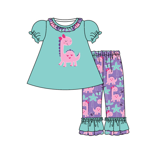 preorder GSPO1202 Cute Pink Dinosaur Blue Short Sleeve Purple Pants Girls Set