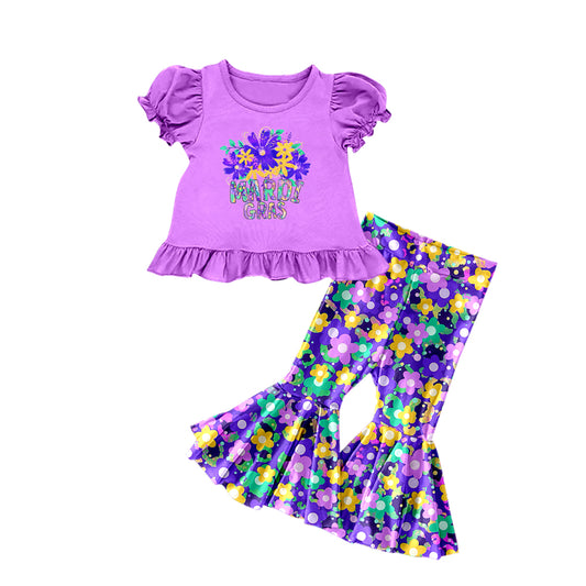 preorder GSPO1206 Mardi Gras Flowers Purple Short Sleeve Flowers Pants Girls Set