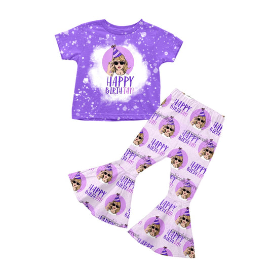 preorder GSPO1210 Happy Birthday Country Sweet Singer Purple Short Sleeve Pants Girls Set