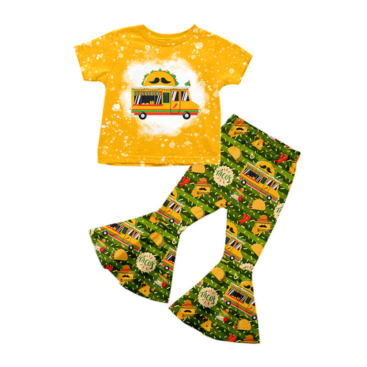 preorder GSPO1212 Taco Bus Orange Short Sleeve Green Striped Pants Girls Set