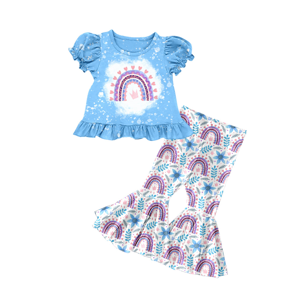 preorder GSPO1213 Valentine's Day Heart Rainbow Blue Short Sleeve Purple Blue Pants Girls Set