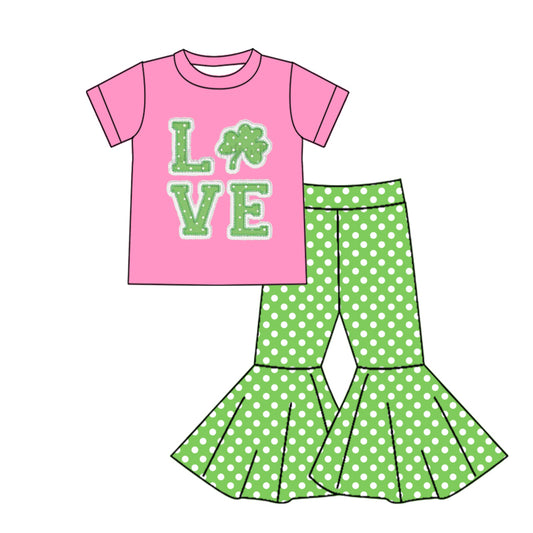 preorder GSPO1214 Saint Patrick Love Clover Hot Pink Short Sleeve Green Dot Pants Girls Set
