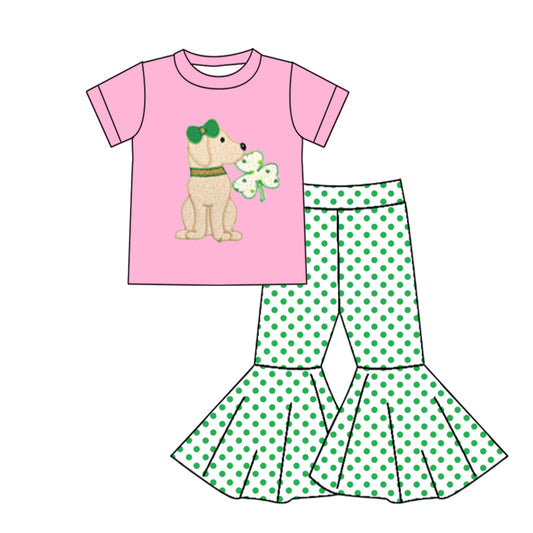 preorder GSPO1215 Saint Patrick Dog Clover Pink Short Sleeve Green Dot Pants Girls Set