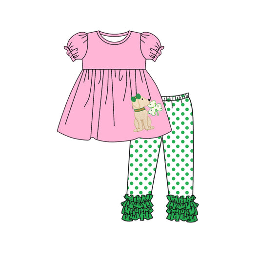 preorder GSPO1216 Saint Patrick Dog Clover Pink Short Sleeve Green Dot Ruffles Pants Girls Set