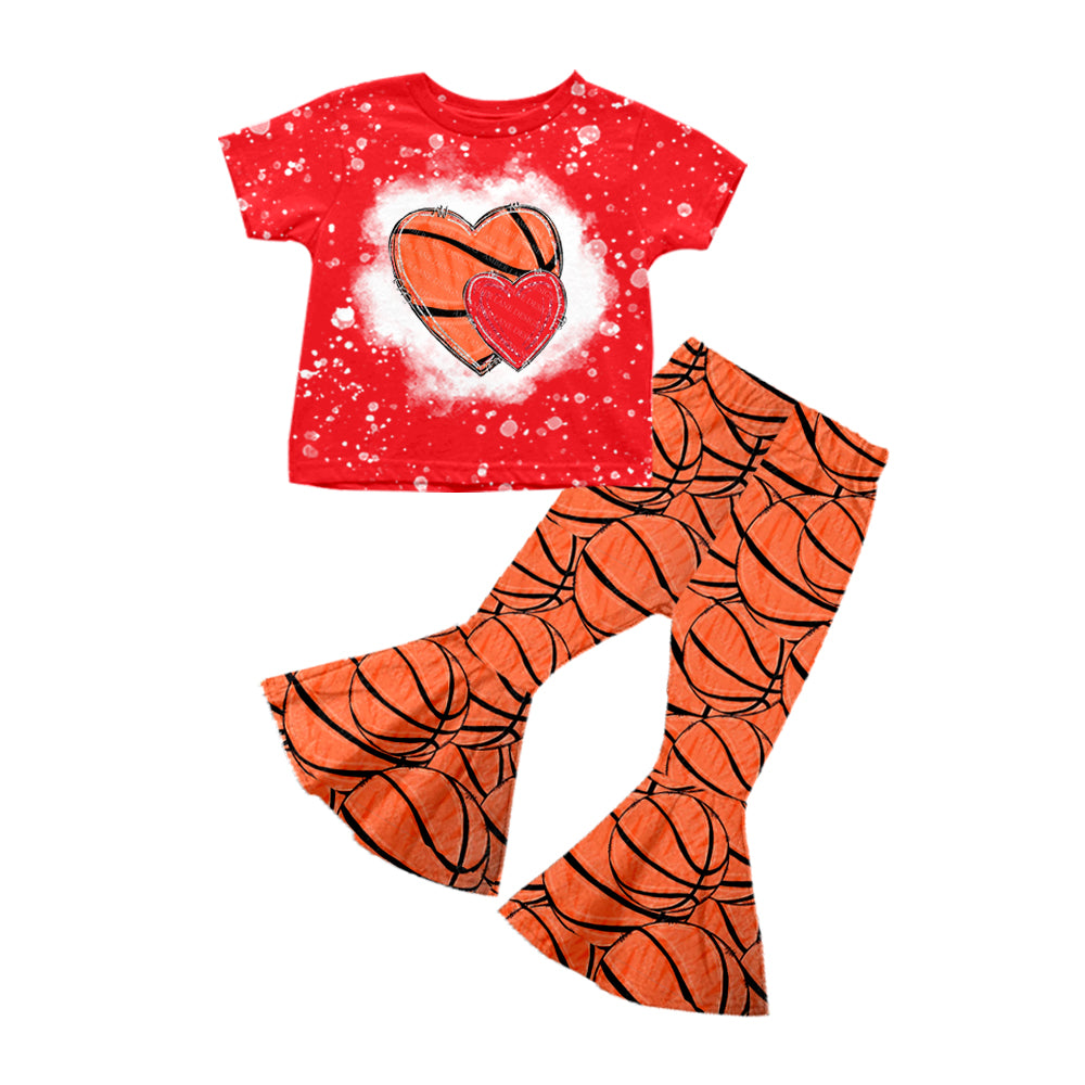 preorder GSPO1217 Baby Girl Basketball Red Heart Short Sleeve Orange Pants Girls Set Kids Valentine's Day Clothes