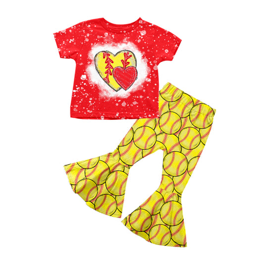 preorder GSPO1218 Baby Girl Softball Red Short Sleeve Yellow Pants Girls Set Kids Valentine's Day Clothes