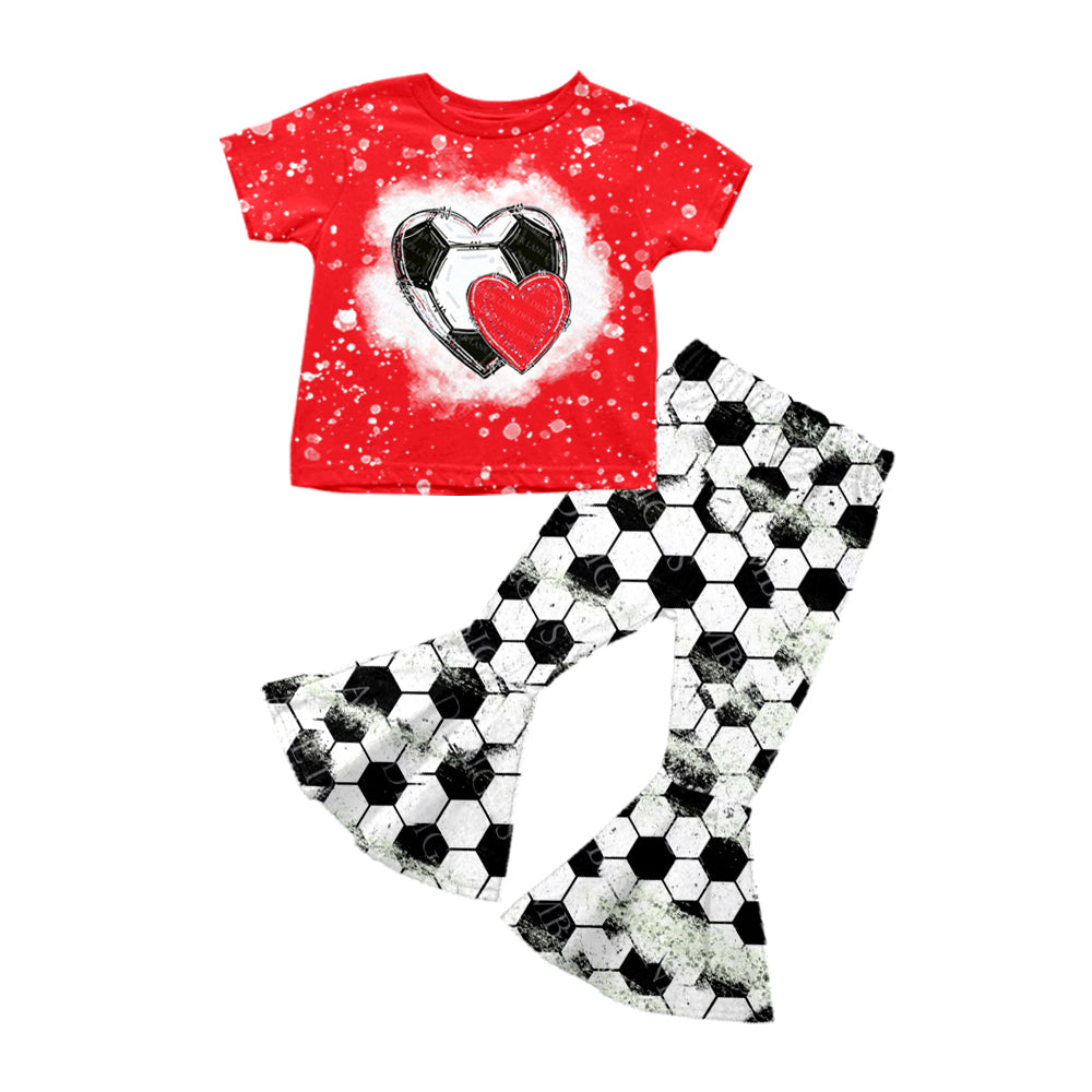 preorder GSPO1219 Baby Girl Clothes Soccer Heart Red Short Sleeve Black White Checkered Pants Girls Set Kids Valentine's Day Clothes