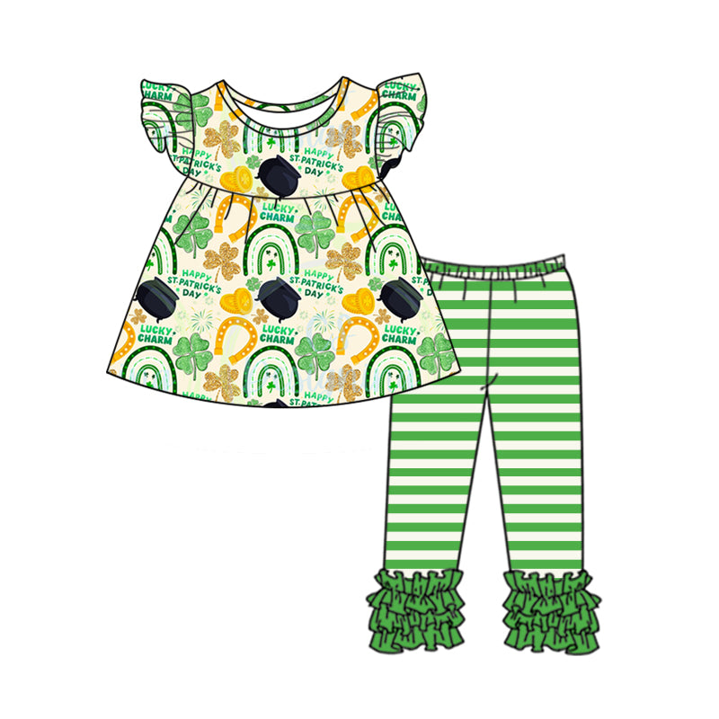 preorder GSPO1221 Baby Girl Clover Rainbow Horse Shoe Flutter Sleeve Green Striped Girls Set Saint Patrick Clothes