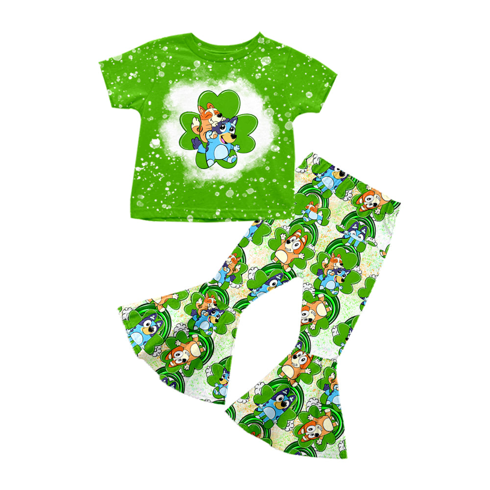 preorder GSPO1222 Baby Girl Clover Blue Dog Green Short Sleeve Pants Girls Set Kids Saint Patrick Clothes