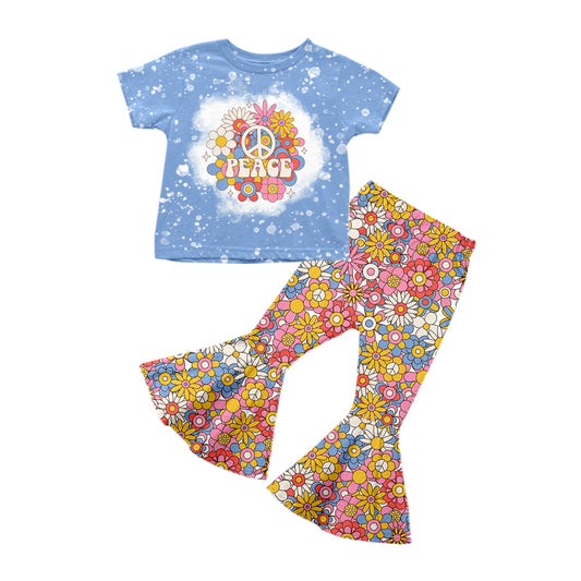 preorder GSPO1227 Baby Peace Blue Short Sleeve Colorful Pants Girls Set Kids Cute Clothes