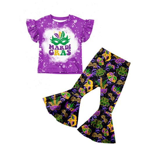 preorder GSPO1229 Girl Mask Purple Short Sleeve Colorful Print Pants Kids Mardi Gras Clothes