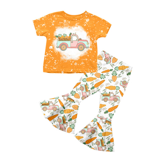 preorder GSPO1231 Girl Truck Carrot Orange Short Sleeve Pants Girls Set Kids Easter Clothes