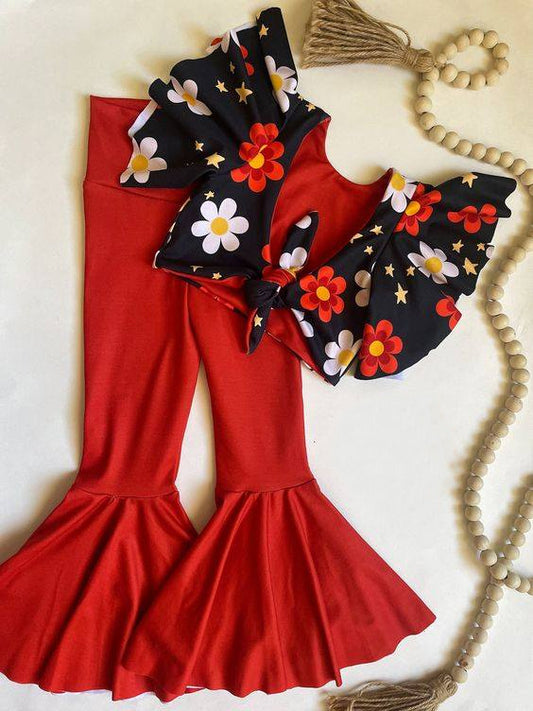 preorder GSPO1242 Flowers Black Short Sleeve Red Pants Girls Set