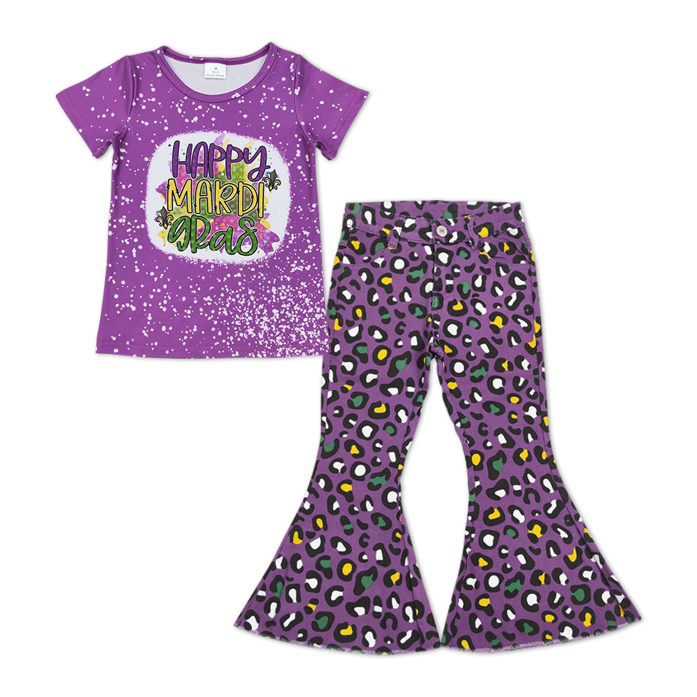 GSPO1250 Happy Mardi Gras Purple Short Sleeve Purple Leopard Denim Pants Girls Set