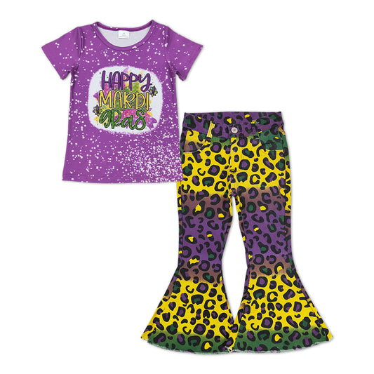 GSPO1251 Happy Mardi Gras Purple Short Sleeve Green Leopard Denim Pants Girls Set