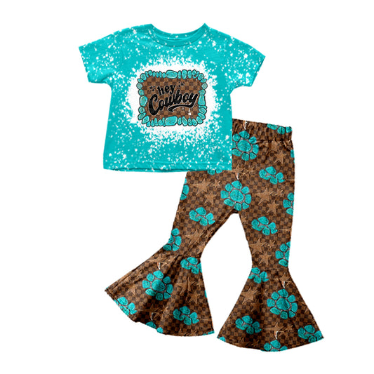 preorder GSPO1255 Western Cowboy Shorts Sleeve Brown Checkered Germ Pants Girls Set