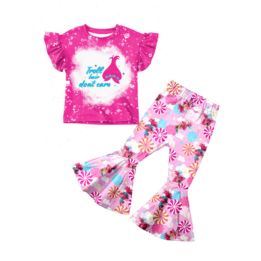 preorder GSPO1257 Cartoon Cute Hair Baby Hot Pink Short Sleeve Pants Girls Set