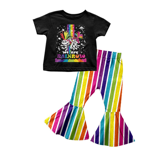preorder GSPO1258 We Are Rainbow Hair Baby Black Short Sleeve Rainbow Striped Pants Girls Set