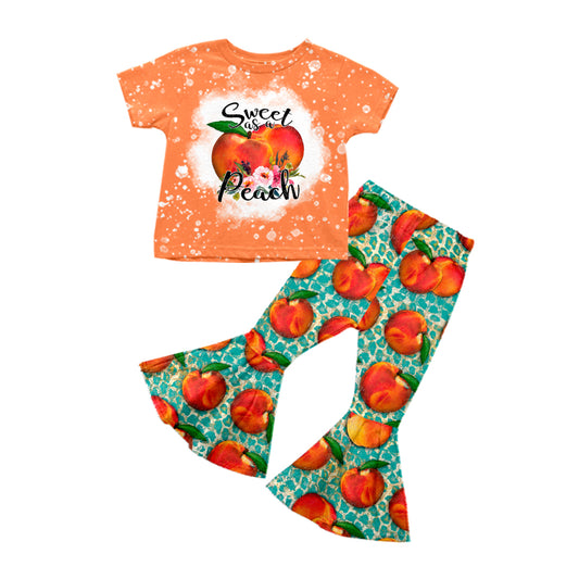 preorder GSPO1264 Sweet Peach Orange Short Sleeve Blue Leopard Pants Girls Set