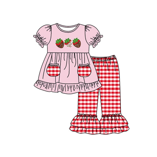 preorder GSPO1265 Strawberry Pink Pocket Short Sleeve Red Checkered Pants Girls Set