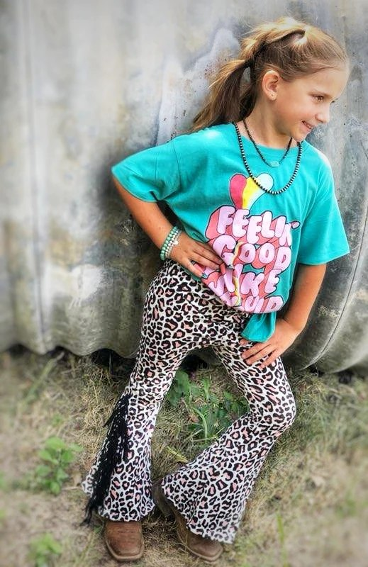 preorder GSPO1268 Feel Blue Short Sleeve Leopard Tassels Pants Girls Set
