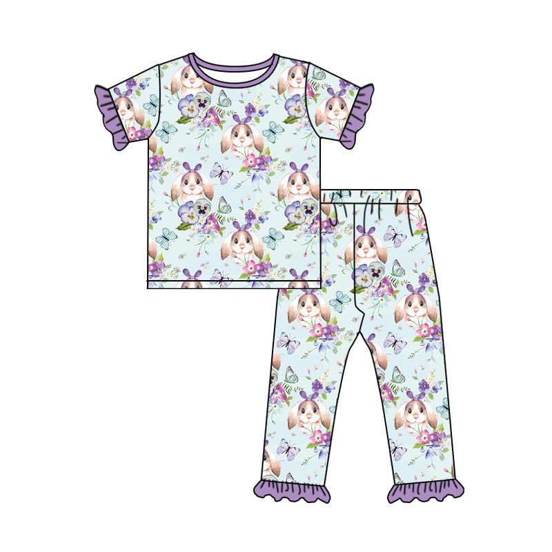 preorder GSPO1279 Rabbit Butterfly Purple Short Sleeve Pants Girls Pajamas