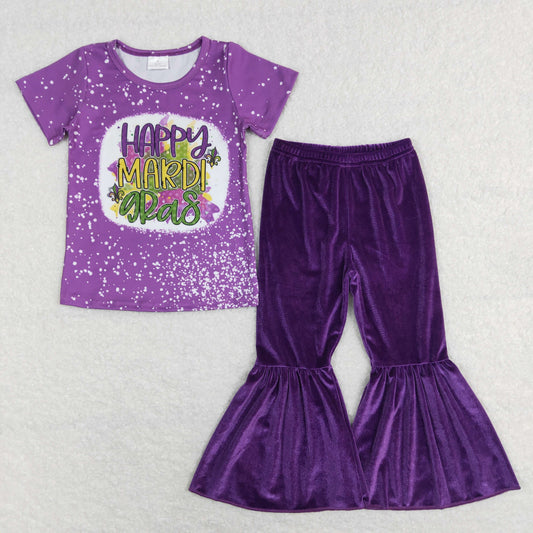 GSPO1280 Happy Mardi Gras Purple Short Sleeve Purple Velvet Pants Girls Set