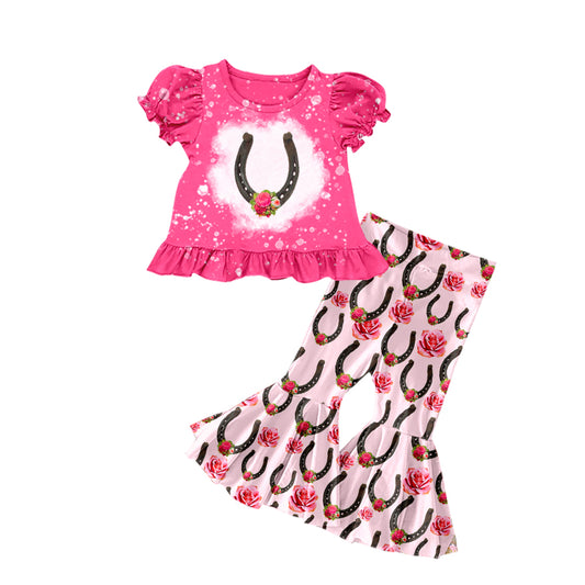 preorder GSPO1283 Western Horse Shoe Flowers Hot Pink Short Sleeve Pink Pants Girls Set