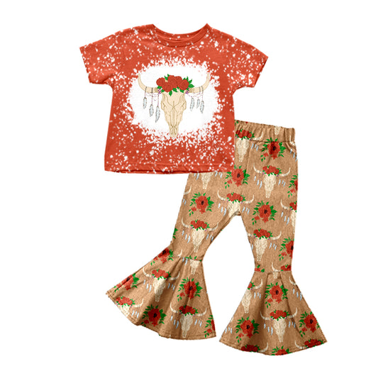 preorder GSPO1285 Western Cow Flowers Red Short Sleeve Khaki Pants Girls Set