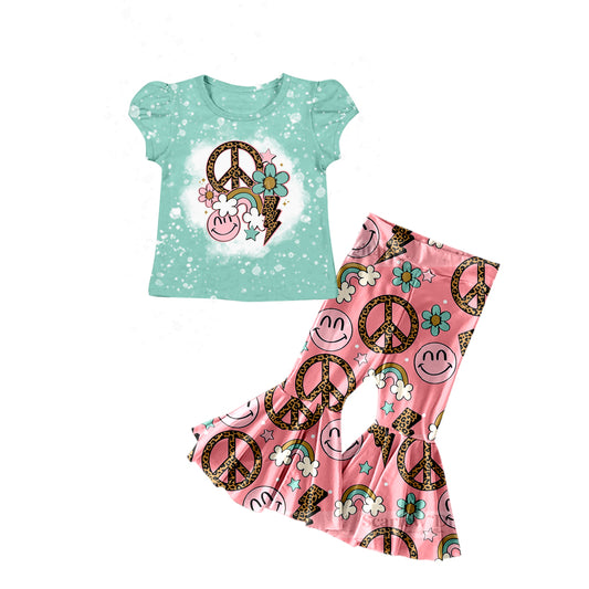 preorder GSPO1288 Rainbow Flowers Smile Green Short Sleeve Pink Pants Girls Set