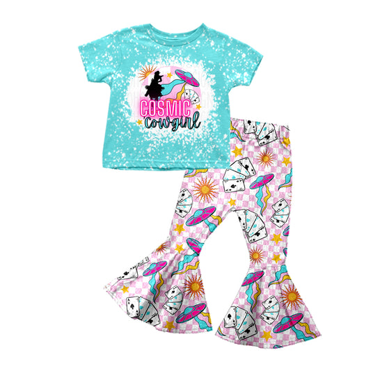 preorder GSPO1289 Cosmic Cowgirl Rodeo Blue Short Sleeve Pink Checkered Pants Girls Set
