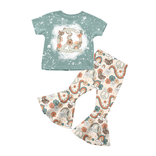 preorder GSPO1291 Stay Groovy Rainbow Flowers Blue Short Sleeve Pants Girls Set